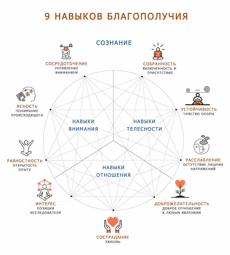 Схема Девяти навыков благополучия.